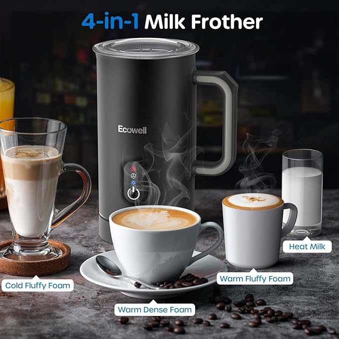 ECOWELL Automatic Milk Frother Heater Milk Boiler, 4 in 1 Electric Coffee Steamer for Heating Milk, Warm and Cold Foam, Coffee Latte, Macchiato, Cappuccinos, Hot Chocolate WMMF01, 8.1oz/240ml,Black