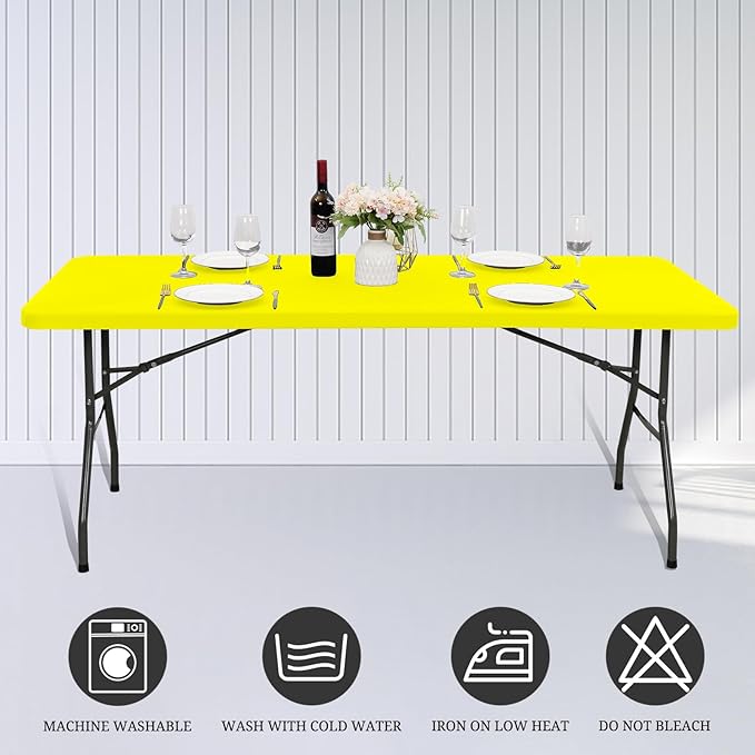 10 Pack Fitted Tablecloth for 8 Foot Rectangle Tables, Yellow Elastic Outdoor Picnic Table Cover, Washable Stretch Folding Table Cloths 8 ft for Camping Party Patio Kitchen Banquet, 30" W x 96" L
