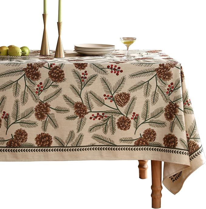 ISAENNE Designer Christmas Beige Linen Small Rectangular Tablecloth,Pinecones Pattern Indoor Tablecloths,Washable Decor Table Cloth for Dining Thanksgiving Kitchen Christmas,55"*71"-Carol B