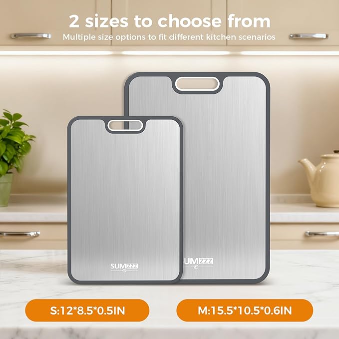 Titanium Cutting Board for Kitchen, Cutting Board Double Sided Food Grade, Pure Titanium/PP, Easy to Clean[15.5”*10.5”+12”*8.5”]