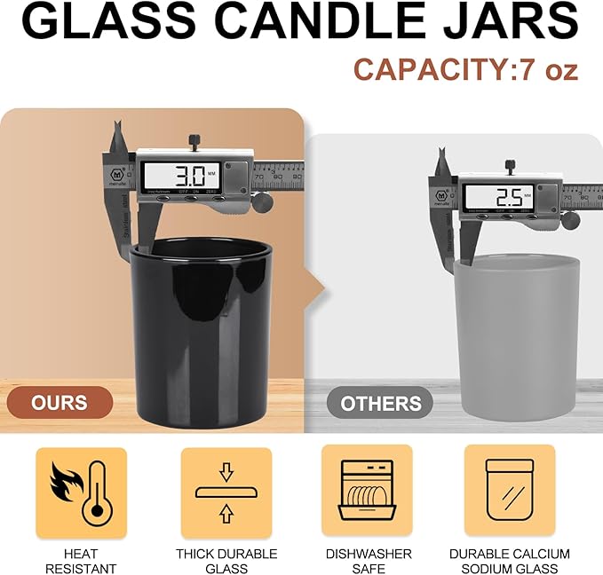 Thick Candle Jars for Making Candles 16 Pcs, 7 OZ Empty Jars with Wood Lids for Candle Making, Sample Container, Light Black