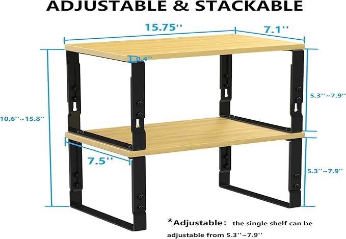 Kitchen Cabinet Organization Shelf，Set of 2 Height Adjustable Storage Racks，Stackable，Expandable，Countertop Shelves Organizer，Pantry Shelving(1PACK/Large/Black)