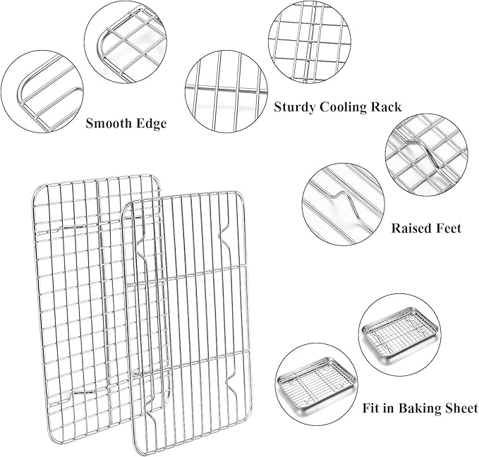 Baking Sheet with Rack Set, Yododo Set of 4 (2 Sheets + 2 Racks), Stainless Steel Cookie Sheet Baking Pan Tray with Cooling Rack, Non Toxic & Heavy Duty & Easy Clean - Size of 16 inch