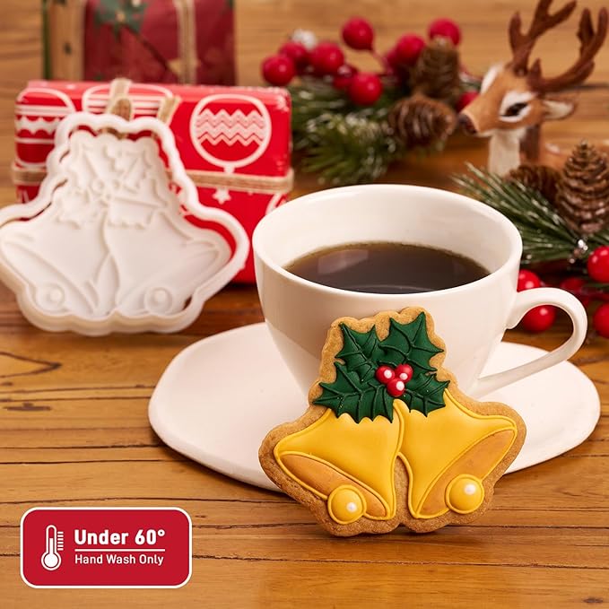 Flycalf Christmas Cookie Cutters Bell with Plunger Stamps Holiday PLA Baking Accessories Cutter Molds Gifts Decorative Party 3.5" Kitchen Cake Supplies