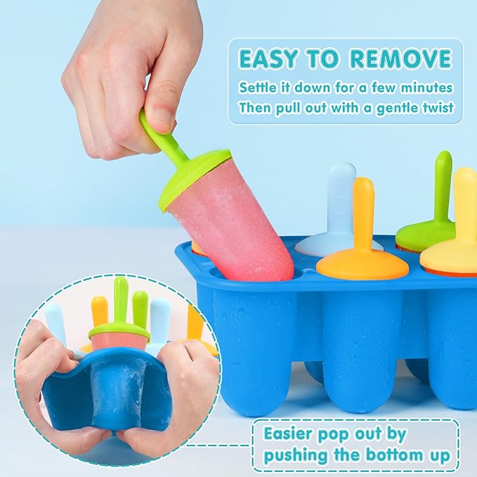 Miaowoof Silicone Popsicles Molds for Toddlers, 8-Cavity Non-BPA Premium Silicone Small Popsicle Molds, Ice Pop Mold with 8 Colorful Reusable Sticks for Kids (Blue)