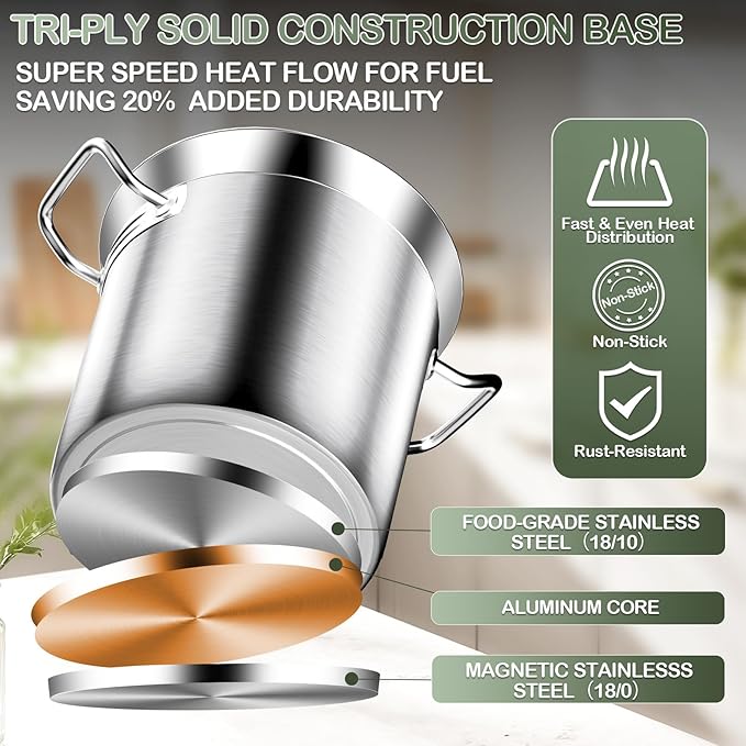 Stainless Steel Stock Pot，20QT Large Stock Pot with Lid for Boiling Cooking Soup Stew Canning, Heavy Duty Tri-Ply Bottom for Boiling Cooking Soup Stew Canning Cooking Pots, Cookware Sauce Pots