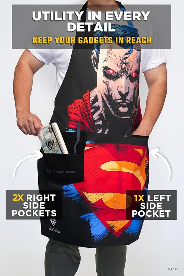Dalstrong Chef Kitchen Apron - DC Superman™ Heat Vision Edition - Premium Cotton & Nylon Straps - 2 Pockets - Steel Hangloops -Unique Size Fit for All - Stain Resistant