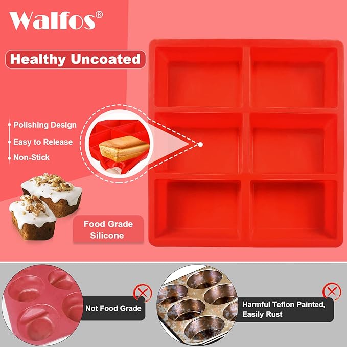 Walfos Silicone Loaf Pan - Non-Stick Silicone Bread Pan, Just PoP Out! Perfect for Bread, Cake, Brownies, Meatloaf, BPA Free & Dishwasher Safe (Mini Loaf Pan, 1 Pack:6 Cavities)