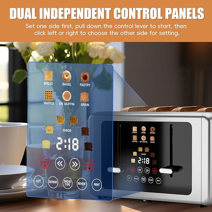 Touch screen Toaster 4 slice,Stainless Steel Digital Timer Toasters with Sound/Screen-Off Function,6 Bread Types & Shade Settings,Smart 1.5 Wide Slots Toaster with Bagel,Defrost,Stainless Steel