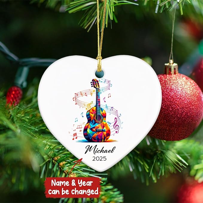 Personalized Guitar Instrument Ceramic Ornament Gifts for Guitarist, Guitar Player Christmas Ornaments Tree Hanging, Custom Name & Year Guitarist Ornaments Xmas 2025, Music Lovers Ceramic Ornament
