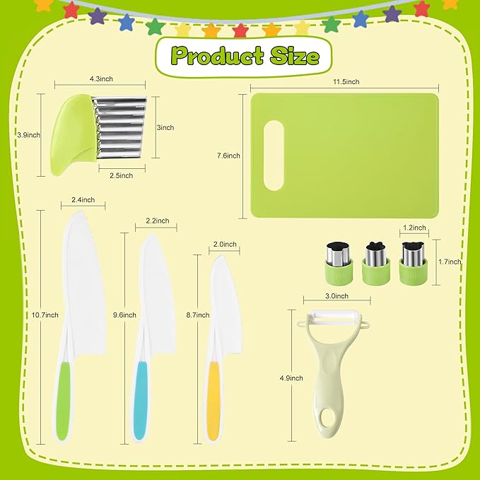 9PCS Montessori Kitchen Tools Cookware Baking Toy, Kids Knife Set for Real Cooking with Cutting Boards, Crinkle Cutte, Y Peeler, Serrated Edges Plastic Toddler Knife Kid Safe Knives