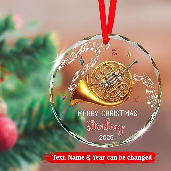 Musical Instrument Glass Ornament Christmas 2025, Personalized French Horn Player Xmas Ornaments, French Horn Glass Ornament Gifts for Musician, Custom Text & Name Instrument Lover Christmas Keepsake
