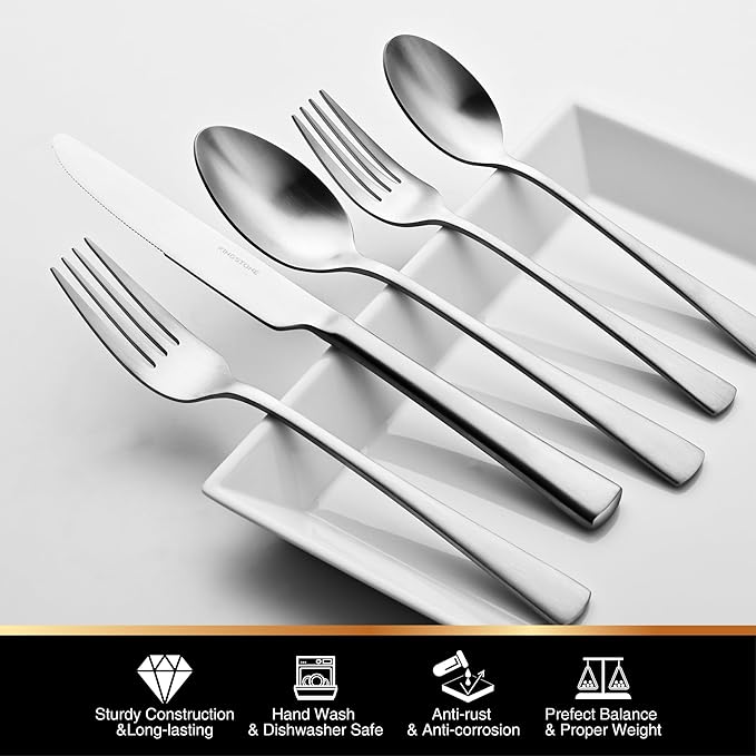 KINGSTONE Silverware Set for 8, 40-Piece 18/10 Stainless Steel Flatware Set,Forged Cutlery Set Matte Satin Finish, Dishwasher Safe
