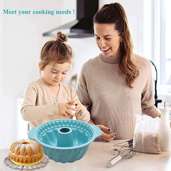 Kenond Silicone Fluted Pans, Non-stick with Sturdy Handle, Baking Molds, Perfect Bakeware for Cake, Jello, Gelatin, Bread, Para Gelatinas, 9.5 Inch (Blue)
