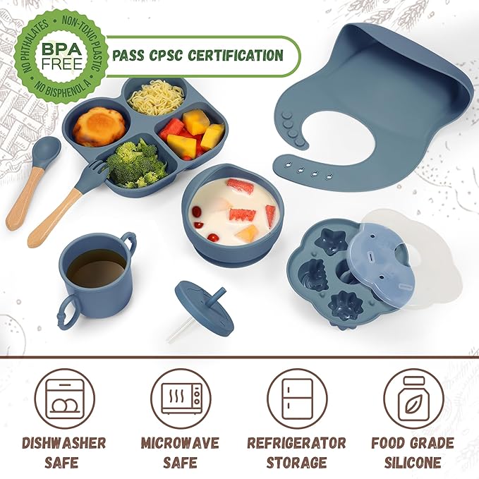 Silicone Feeding Set, Led Weaning Supplies, Food Tableware Suction Plate, Bowl, Spoons, Fork, Waterproof Bib, Cup & Complementary Food Cake Mold, Baby Eating Utensils