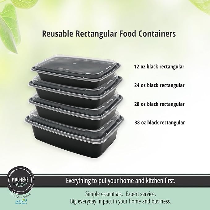 MULMEHË Plastic Meal Prep Take-Out Container and Lid Combo, 12 oz, Microwaveable, Rectangular, Black, 5.5x2.5x1.5”, Set of 150