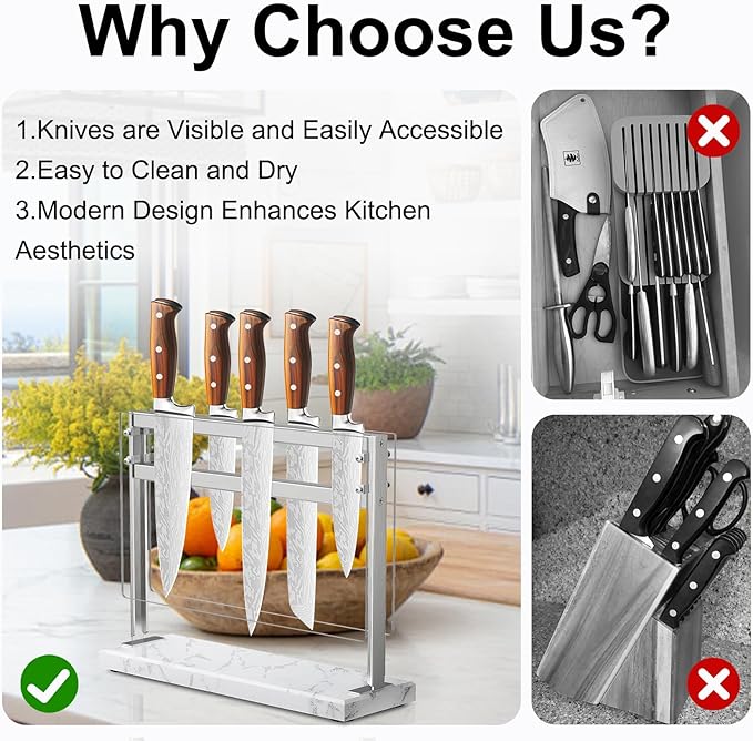 Acrylic Shield Magnetic Knife Block Holder - Marble Base Magnetic Knife Stand for Counter Top -Double Sided Magnetic Knife Holder -Stainless Steel Kitchen Knife Block without Knives -White