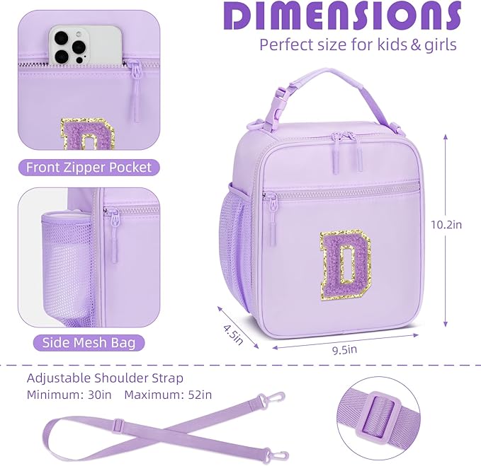 Initial Insulated Lunch Bag for Girls Kids, Back to School Gift, Reusable Leak-proof Lunch Box with Adjustable Strap for School Daycare Travel Picnic (Purple,D)