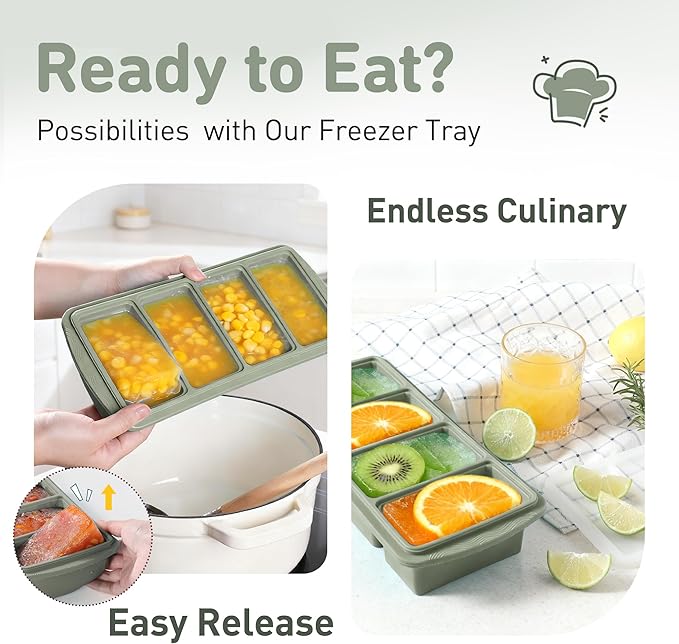 Silicone Freezer Tray with Lid Soup Freezer Container Molds with Steel Reinforced Rim Large Ice Cube Tray Makes 8 Perfect 1 Cup Portions Cubes Storage Food Portion Control Containers Kitchen Gadgets