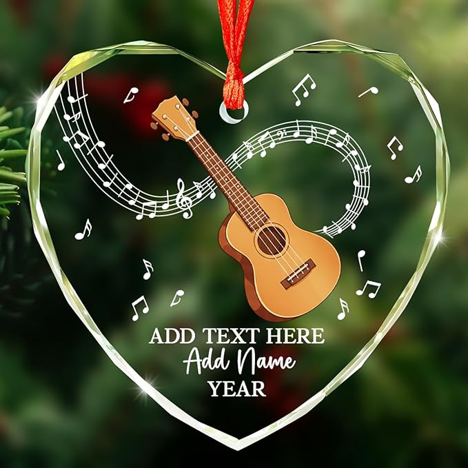 Personalized Ukulele Glass Ornament with Text Name Year, Ukulele Instrument Christmas Tree Ornament, Customized Musical Instrument Christmas Ornaments 2025, Gift for Men Women Music Lover