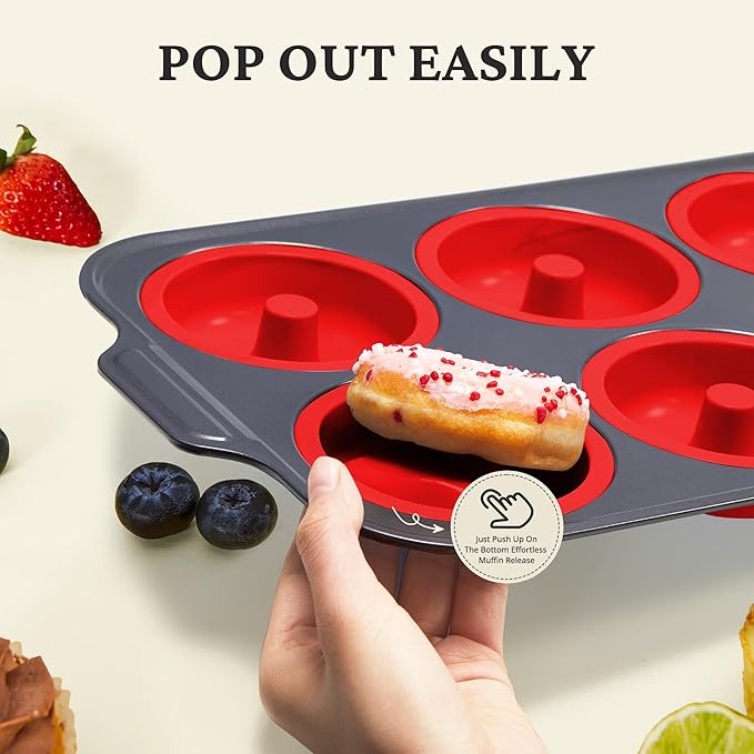 BRONYPRO Silicone Donut Pan for Baking with Metal Frame, 3.35 Inch Large doughnut pan,donut molds for baking Nonstick Non Toxic Bakeware for Oven, Red