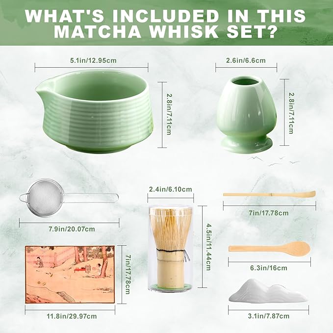 Matcha Whisk Set,(8Pcs) Includes Ceramic Matcha Bowl, Whisk, Holder, Scoop and Spoon, Rest, Sifter, Tea Towel,Traditional Tea Ceremony Set Gift(Green)