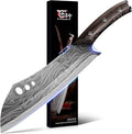 Butcher Knife, 10 Inch Meat Cleaver Chef Knife with Herb Stripper, Japanese Style High Carbon Steel Kitchen Knife for Chopping & Slicing, Damascus Pattern Full Tang Wood Handle Ideal for Gift