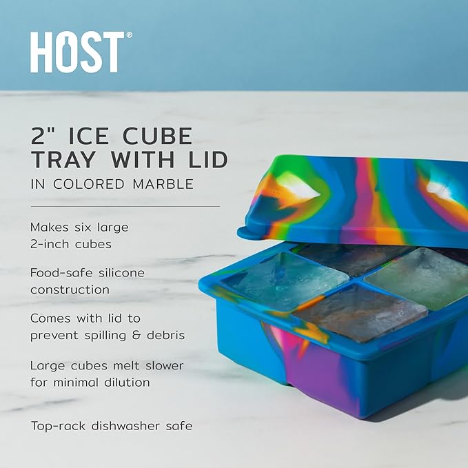 Host Ice Cube Tray with Lid, Makes 6 Large 2" Cubes, Durable Silicone Trays, Perfect for Cocktails, Beverages, Mocktails, Iced Coffee, Tea, Infused Water, Kitchen Essentials, Set of 1, Colored Marble
