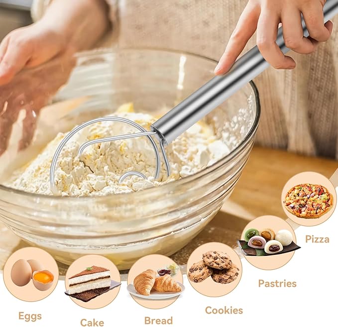 Danish Dough Whisk Stainless Steel Hook Dutch Baking Tool Bread Sourdough Mixer for Pizza Pastry Cake Batter Making