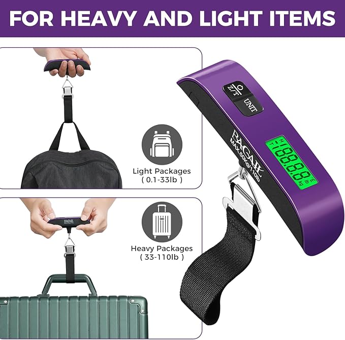 BAGAIL Digital Luggage Scale, 110lbs Hanging Baggage Scale with Backlit LCD Display, Portable Suitcase Weighing Scale, Travel Luggage Weight Scale with Hook, Strong Straps for Travelers