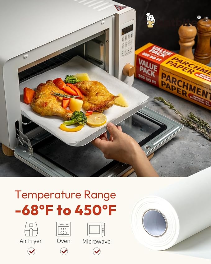 Katbite 2 Pack 15in x 242ft Parchment Paper Roll, 300 Sq. Ft Non-stick Baking Paper with Serrated Cutter, Perfect for Cooking, Air Fryer, Steaming, Bread - Value Pack