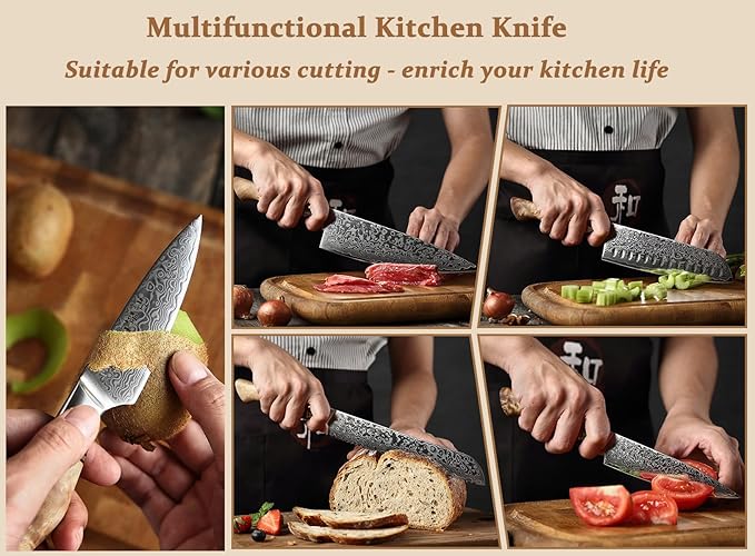 HEZHEN Damascus Kitchen Knives Set, Damascus Steel Japanese Style Chef Knife Utility Knife Santoku Knife,Figured Sycamore Wood Handle