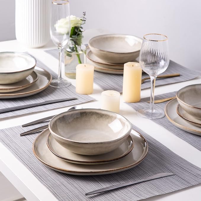 AmorArc Ceramic Dinnerware Sets,Handmade Reactive Glaze Stonewre Plates and Bowls Sets,Highly Chip and Crack Resistant | Dishwasher & Microwave Safe Dishes Set,Service for 4 (12pc)