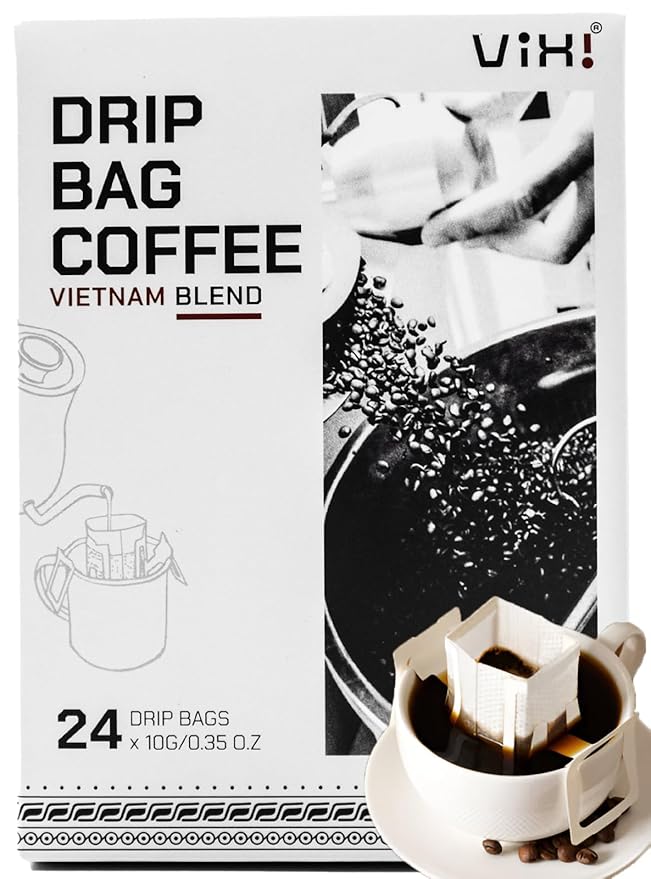 VIXI Drip Coffee Blended, 24 Bags, Ground Coffee, Medium Roast, Hanging Ear, Arabica Blend Robusta, Smooth and Balanced Flavor, Single Serving, Natural Vietnamese Coffee
