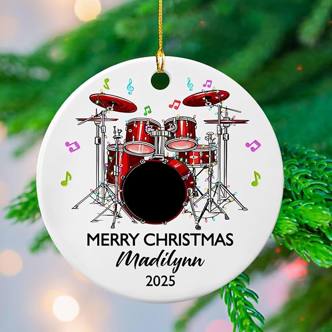 Personalized Drum Set Ceramic Christmas Ornament 2025, Customized Text Year Name Drummer Keepsake Ornaments Gift for Women Men Friend Daughter Son, Drumming Drum Set Ceramic Ornament for Appreciation