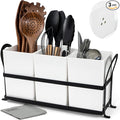 Large Utensil Caddy, Drainage Utensil Holder for Kitchen Counter, 3pcs Bins Set Cooking Utensil Organizer for Spoons, Spatulas, White