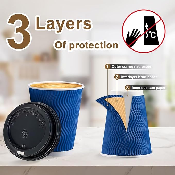 100 Pack Coffee Cups with Lids 16 oz, Disposable Insulated Ripple Wall To Go Paper Coffee Cups for Hot/Cold Drinks Office Home Shop Event (Navy)