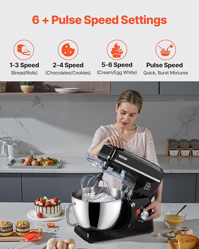 VEVOR Stand Mixer, 8.3QT Dough Mixer, 660W 6+P Speeds Tilt-head Food Mixer with Stainless Steel Bowl, Dough Hook, Wire Whip, Flat Beater, Scraper, Household Stand Mixer for Baking & Mixing, Black