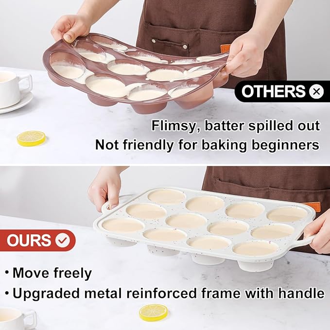 CAKETIME Silicone Muffin Pans for Baking, Metal Reinforced Frame Jumbo 6 Cups & Regular 12 Cups Cupcake Pan Nonstick Muffin Pan for Homemade Baking Easy to Handle
