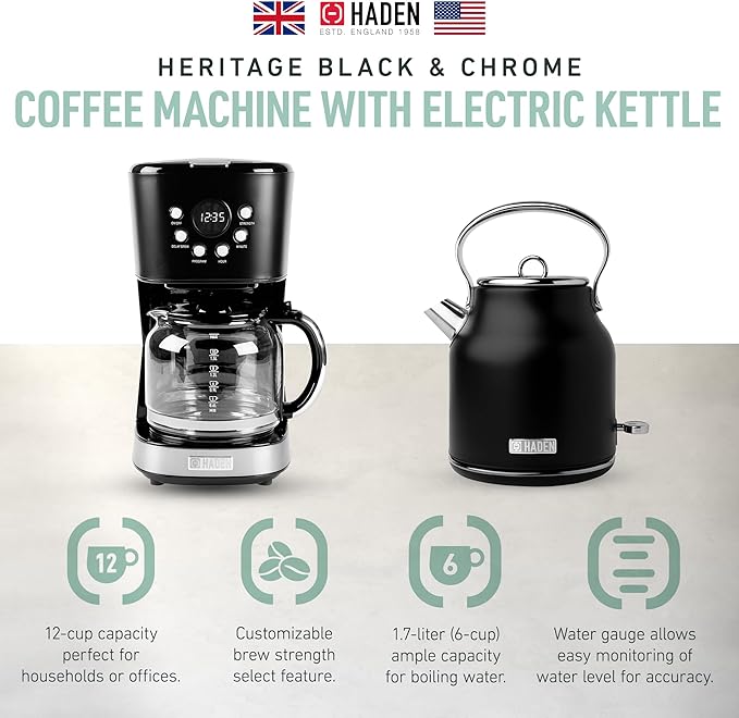 HADEN Coffee Machine, 12 Cup Drip Coffee Maker Bundled with Heritage 1.7 Liter Stainless Steel Electric Kettle, Black & Chrome