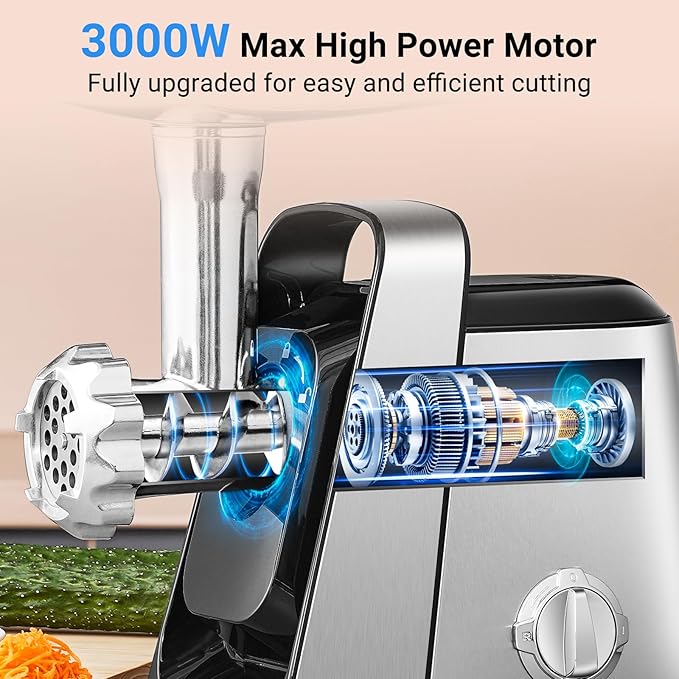 AAOBOSI 6-in-1 Electric Meat Grinder | 3000W Max | 3-Speed | 4 Grinding Plates|2 Stainless Steel Blades| Sausage Stuffer | Kubbe Maker & More Included | Built-in Storage Box for Home Kitchen Use