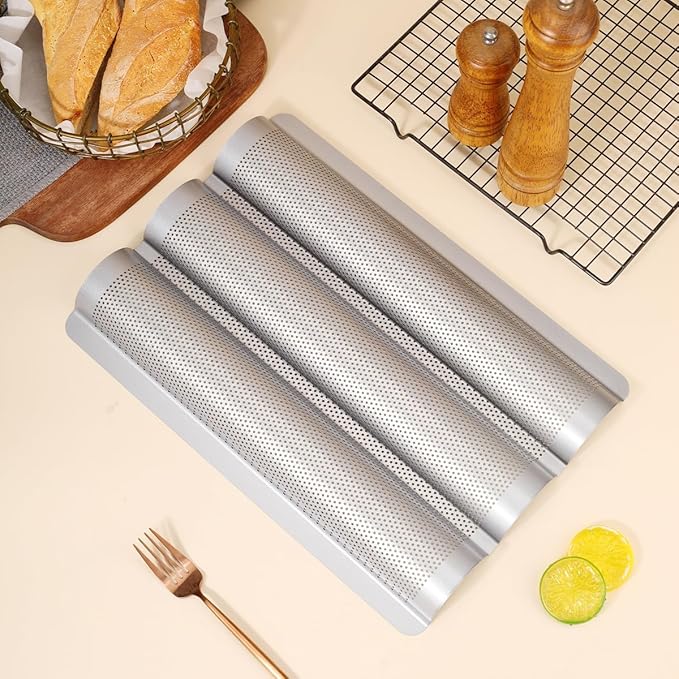 Hesanzol Baguette Pans for Baking 15" x 11", 3 Loaf Carbon Steel French Bread Pan Nonstick Perforated Baguette Baking Tray Silver
