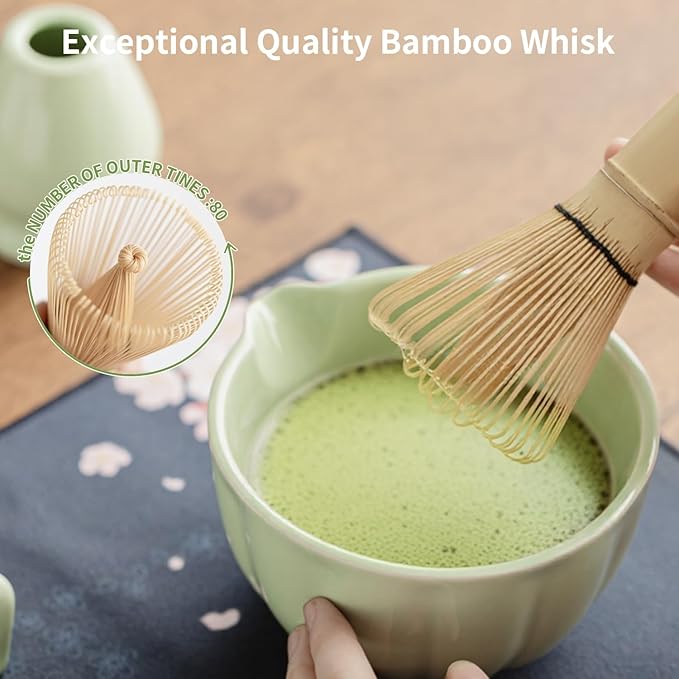 Matcha Whisk Set of 8 - HTRCXB Ceramic Matcha Set, Include Matcha Bowl, Matcha Whisk and Holder, Bamboo Scoop, Measuring Spoon, Scoop Rest, Sifter and Tea Towel - Matcha Kit Gift for Matcha Lovers