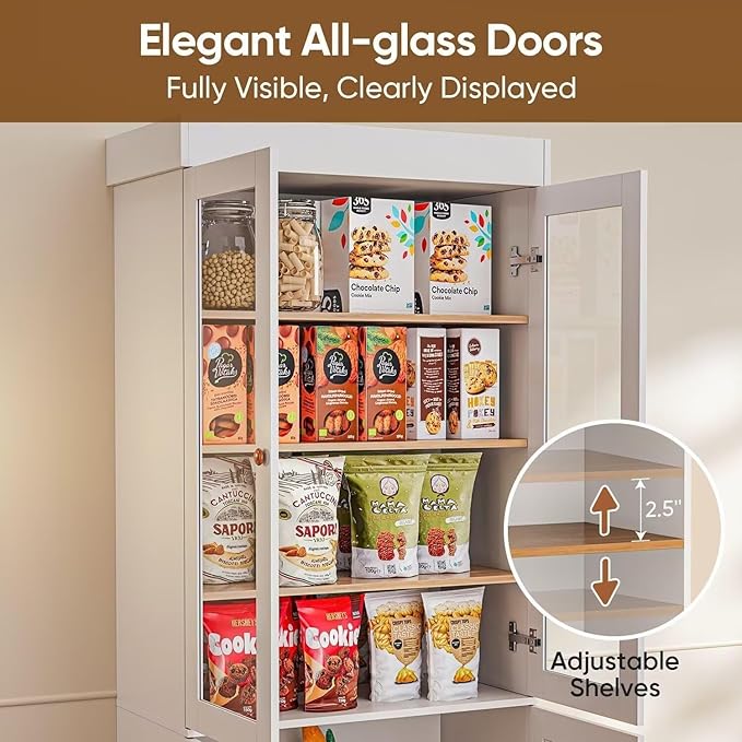 70.8" Tall Farmhouse Kitchen Pantry Cabinet with Glass Doors, Modular Storage Cabinet with 6-Tier Adjustable Shelves, White, Wooden Hutch for Kitchen, Living Room, Set of 2