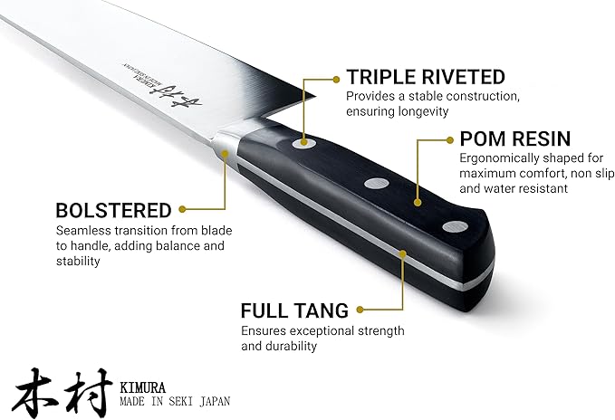 Kimura Slicer Knife, [Made in Japan], 8 inch Professional Chef Knife, Ultra Sharp High Carbon Molybdenum Stainless Steel Kitchen Knives, Chefs Knife with Ergonomic Handle - Japanese Carving Knife