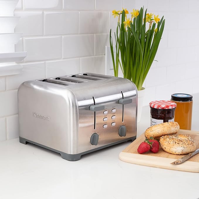 Kenmore Toaster 4 Slice - Extra Wide Slot Countertop Kitchen Appliance, Defrost Function, Grille-Pain, 9 Shade Settings, Compact Design, Easy Clean Crumb Tray, Bread Bagel, Stainless Steel