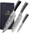 Sunnecko Damascus Knives Set,Japanese VG10 Core Steel Damascus 3PCS Chef Knife Set,Professional Razor Sharp Kitchen Knives Set with Knife Sharpner
