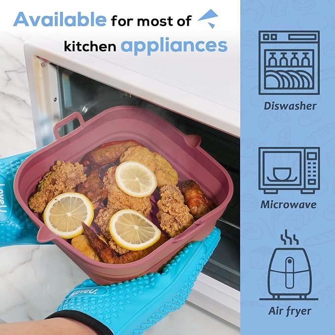 [2 Pack] Silicone Air Fryer Liners Square - Reusable Airfryer Silicone Basket - Easy to Clean Air Fryers Silicone Pot for 5.8 to 8 Qt Large Air Fryer Baking Tray Oven Accessories, 8.5 Inch