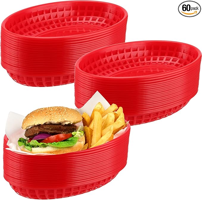 60 Pack Red Plastic Oval Fast Food Baskets - 9x5.7x1.6 Inch, Perfect for Picnic, Deli Serving, Chicken, Burgers and Fries