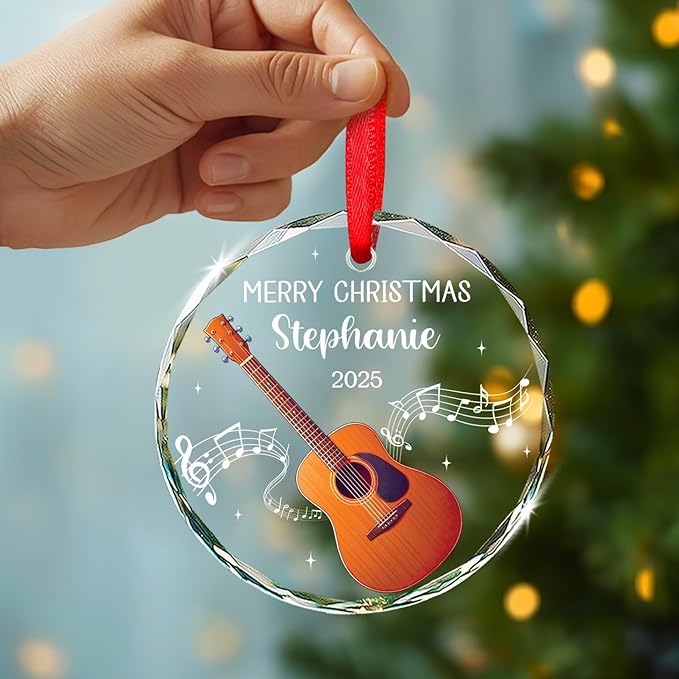 Custom Guitar Musical Instrument Xmas Glass Ornaments, Instrument Christmas Ornament Gifts for Guitarist, Personalized Text & Name Guitar Player Glass Ornaments, Musical Lover Ornament Christmas 2025